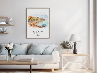 Living room with Djibouti art on wall.