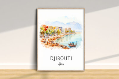 Watercolor painting of Djibouti coastline with buildings.