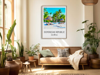 Cozy living room with tropical artwork and plants.