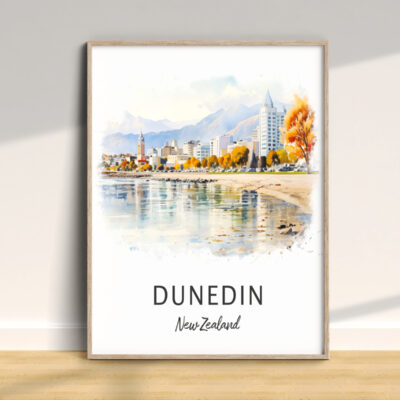 Framed Dunedin, New Zealand watercolor landscape print