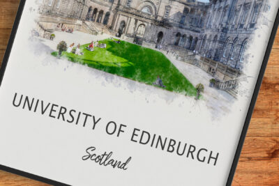 University of Edinburgh courtyard with students on grass.