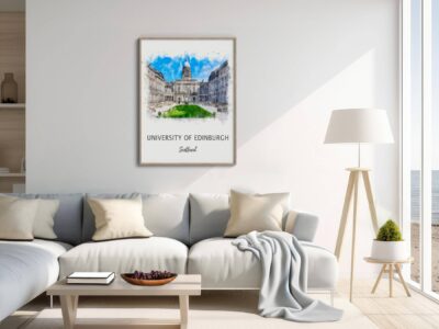 Modern living room with University of Edinburgh artwork.