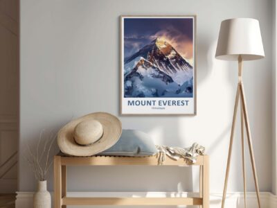 Mount Everest poster in cozy room interior.