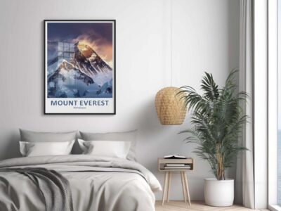 Bedroom with Mount Everest picture, modern decor.