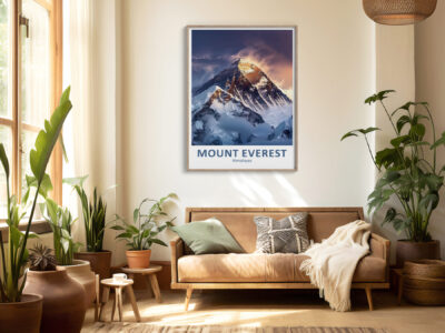 Cozy room with Mount Everest poster and plants.