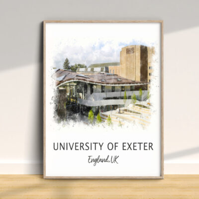 University of Exeter campus artwork in frame.