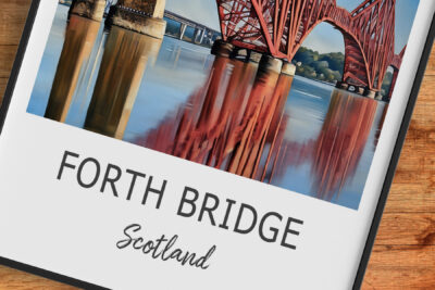 Forth Bridge reflection in water, Scotland.