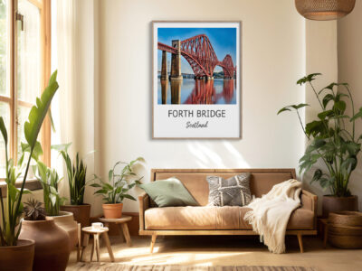 Cozy living room with Forth Bridge artwork.