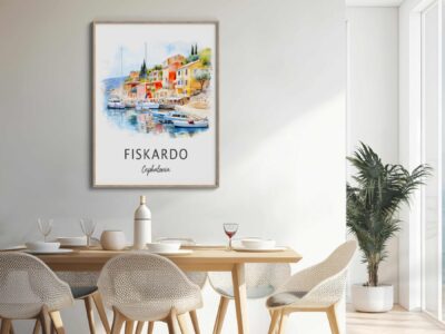 Dining room with Fiskardo Cephalonia poster on wall.
