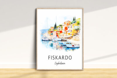 Framed Fiskardo watercolor painting, Kefalonia village scene.