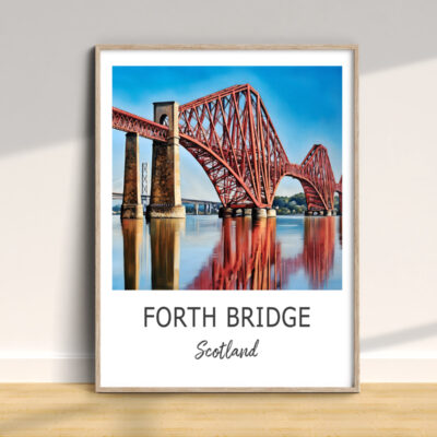 Forth Bridge painting on wall, Scotland art poster