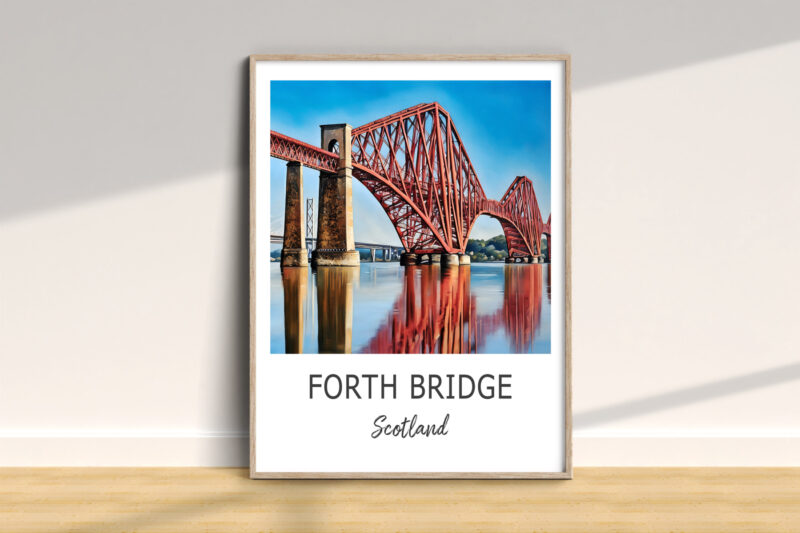 Forth Bridge painting on wall, Scotland art poster