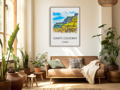 Cozy living room with Giants Causeway artwork.