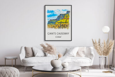 Modern living room with Giants Causeway poster