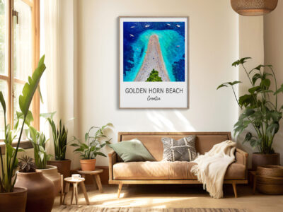 Cozy living room with beach wall art.