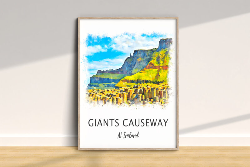 Colorful Giant's Causeway artwork displayed in a frame.