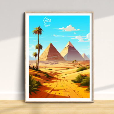 Illustration of Giza pyramids with palm trees.