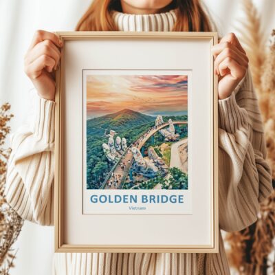 Framed Golden Bridge Vietnam artwork held by woman