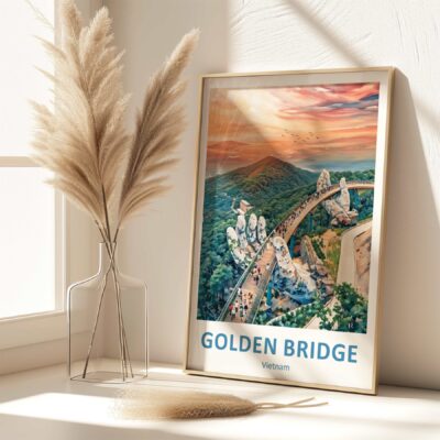 Golden Bridge Vietnam artwork on display next to vase.