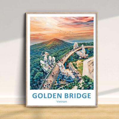 Golden Bridge Vietnam artwork with sunset view