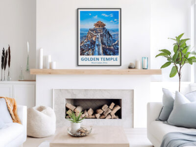 Bright living room with Golden Temple artwork