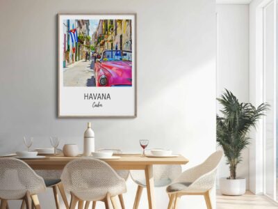 Dining area with Havana Cuba poster on wall.