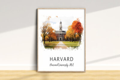 Harvard University campus in autumn watercolor art.