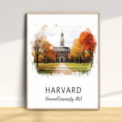 Harvard University campus in autumn watercolor art.