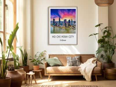 Cozy living room with plants and cityscape art.