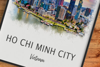 Artistic Ho Chi Minh City skyline illustration, Vietnam.