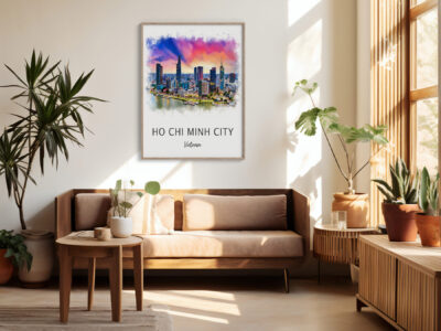 Cozy living room with cityscape art on wall.