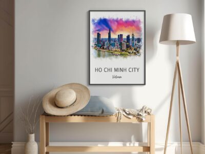 Ho Chi Minh City artwork above cozy bench.