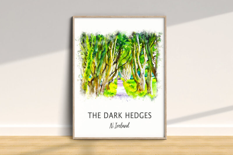 Colorful painting of The Dark Hedges in Ireland.