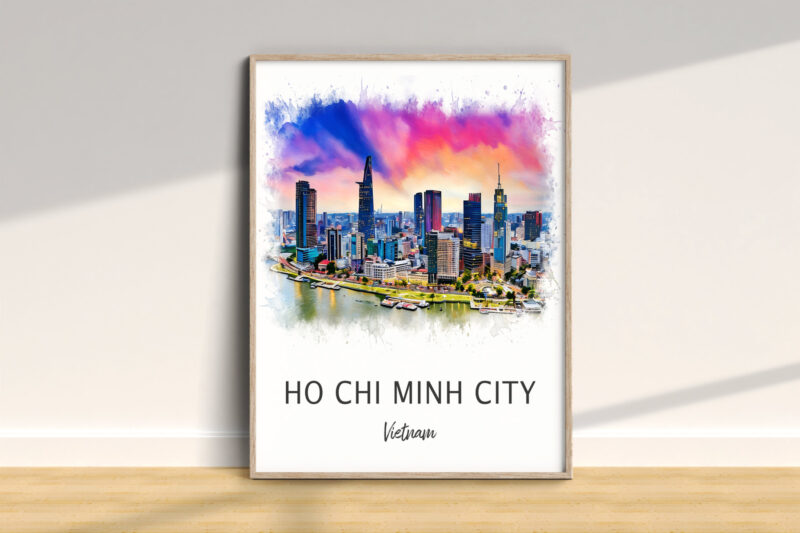 Ho Chi Minh City skyline watercolor artwork