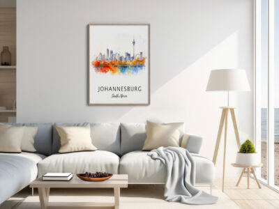 Cozy living room with Johannesburg skyline art.