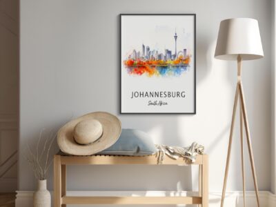Johannesburg skyline poster in modern room decor.