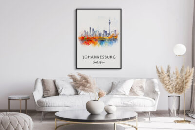 Modern living room with Johannesburg skyline poster.