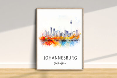 Colorful Johannesburg skyline watercolor artwork.