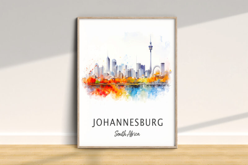 Colorful Johannesburg skyline watercolor artwork.