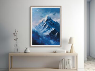 Painting of K2 mountain on a wall shelf.