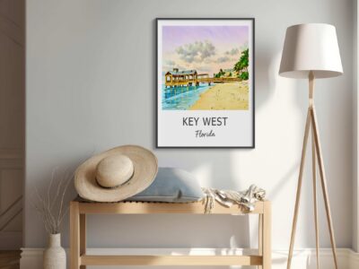 Key West poster in a cozy room setting