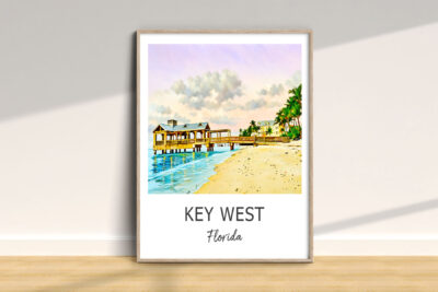 Framed Key West beach painting with pier