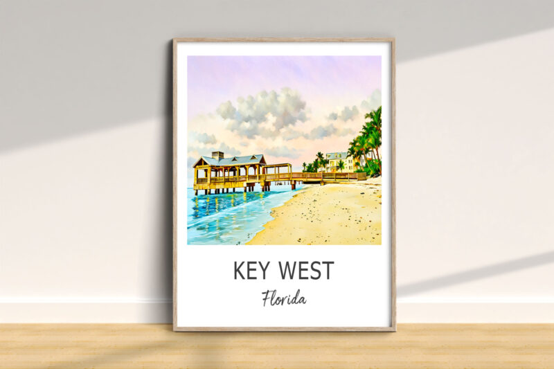 Framed Key West beach painting with pier