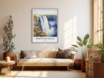 Bright living room with Kaieteur Falls poster.