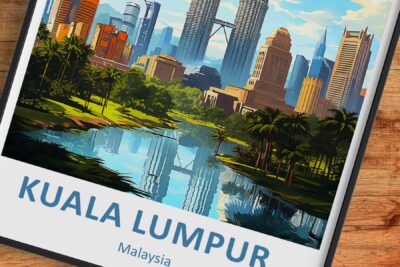 Colorful Kuala Lumpur skyline artwork with reflections.