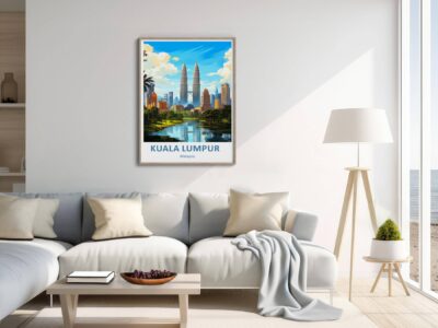 Stylish living room with Kuala Lumpur poster displayed.
