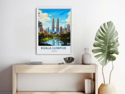 Framed Kuala Lumpur poster on modern console table.