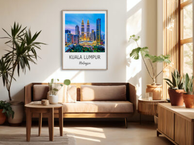 Cozy room with Kuala Lumpur skyline poster.