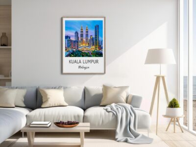 Modern living room with Kuala Lumpur cityscape art