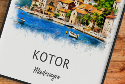 Colorful Kotor Montenegro waterfront painting.